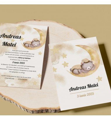 Invitatie de botez Teddy Bear Gold