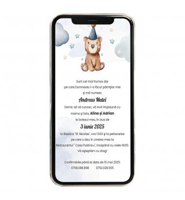 Invitatie digitala de botez cu ursulet