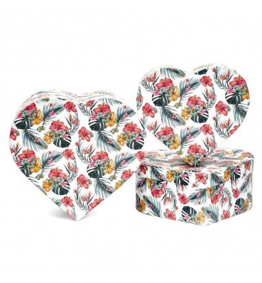 Set 3 cutii inimă cu flori - alb