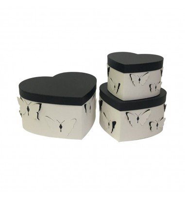 Set 3 cutii inimă cu fluturi - alb